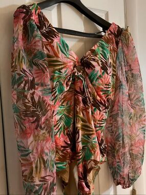 Kim Gravel Swimsuits for All Pink Tropical Leaf Puff-Sleeve swimsuit 24W